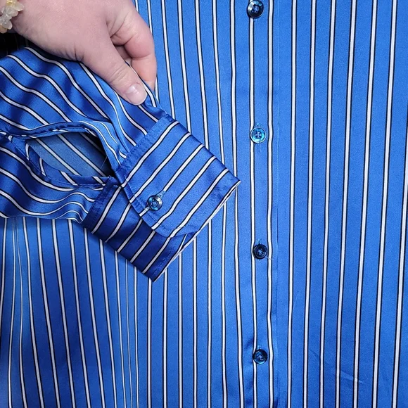 Jones and Co suiting stripe silky button up collared shirt blue black white XL - Picture 6 of 8